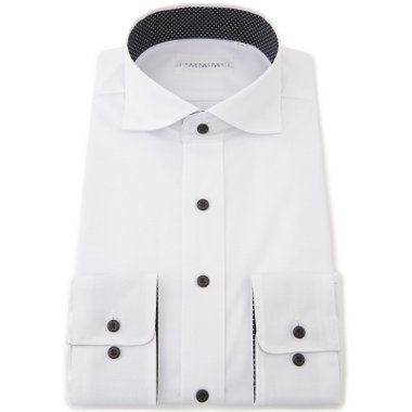 【for Special Days】【KANSAIMAN collection】【形態安定】【スタイリッシュシルエット】スナップダウンホリゾンタルワイドカラーワイシャツ/ホワイト×ドビーツイル/襟裏別布：ドット/釦：ブラック