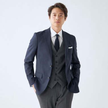【JOHN PEARSE comfort】【年間】7WAY コーディネイトパンツ付き/2釦シングルスリーピーススーツ ショートタック/ネイビー×ソリッド+グレーパンツ/ウエストシャーリング/ウォッシャブル/ストレッチ/ULTRA MOVEM/※裾上げ必要