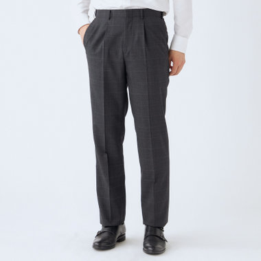 【JOHN PEARSE White】【春夏】ウール高機能ポリエステルブレンド 1タックスラックス/グレー×チェック/ウエストムーブ仕様/ULTRA MOVE/裾上げ必要