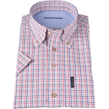 【stanley blacker】【半袖】ボタンダウンシャツ/ホワイト×グレー＆レッド＆ネイビーチェック