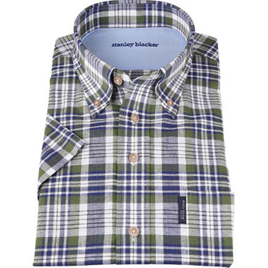 【stanley blacker】【半袖】ボタンダウンシャツ/グリーン＆ネイビー＆ホワイト×チェック