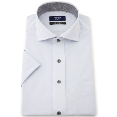 【半袖】【JOHN PEARSE comfort navy】ホリゾンタルワイドカラーワイシャツ/サックス/襟裏別布：チェック/釦：グレー/ULTRA MOVE「ニット素材」「ノーアイロン」「ストレッチ」「高通気性」