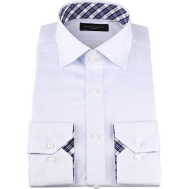 【JOHN PEARSE Black】【形態安定】ワイドカラードレスワイシャツ/ブルー×ドビーチェック/襟袖裏別布：ネイビー＆ホワイト×チェック