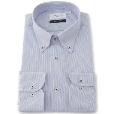 【JOHN PEARSE White】【ノーアイロン】ボタンダウンドレスワイシャツ/ブルー×スホワイトトライプ/釦付糸：ネイビー/ULTRA MOVE/ニット素材