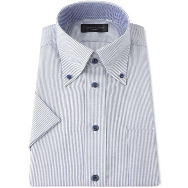 【半袖】【JOHN PEARSE Black】【形態安定】ボタンダウンドレスワイシャツ/ネイビー＆ホワイト×ストライプ/襟裏別布/釦.釦付糸：ネイビー/ULTRA BREATH COOL