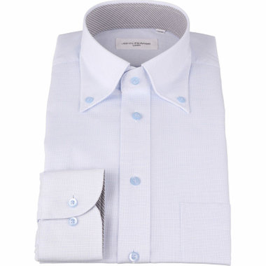 【JOHN PEARSE White】【形態安定】ボタンダウンドレスシャツ/ブルー×ドビー/襟袖裏別布：グレー×チェック/ブルー釦/Oil guard