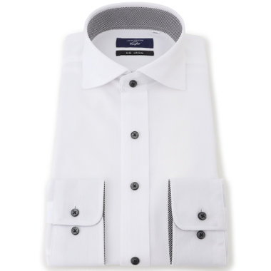 【JOHN PEARSE comfort navy】ワイドカラーワイシャツ/ホワイト×ドビー/襟袖裏別布：チェック/釦：ブラック/ULTRA MOVE「ニット素材」「ノーアイロン」「ストレッチ」「高通気性」