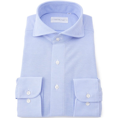 【KANSAIMAN collection】ホリゾンタルワイドカラーワイシャツ/ブルー×ハニカムメッシュ/ULTRA MOVE「ニット素材」「ノーアイロン」「ストレッチ」「高通気性」