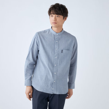 【stanley blacker new york】【長袖】リネンブレンドバンドカラー/ブルー