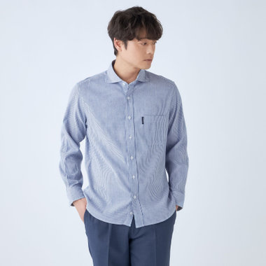 【stanley blacker new york】【長袖】リネンブレンドカッタウェイシャツ/ブルー＆ホワイト×ストライプ