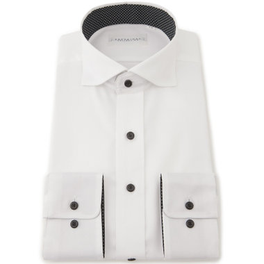 【for Special Days】【KANSAIMAN collection】【形態安定】【スタイリッシュシルエット】スナップダウンホリゾンタルワイドカラーワイシャツ/ホワイト/襟裏別布：ドット/釦：ブラック