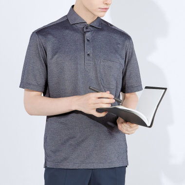 【半袖】【JOHN PEARSE comfort navy】【ノーアイロン】ホリゾンタルワイドビズポロシャツ プルオーバータイプ/ネイビーグレー/ULTRA MOVE/ニット素材