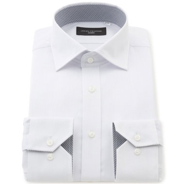 【JOHN PEARSE Black】【SLIM】【形態安定】ワイドカラーワイシャツ/ホワイト×ドビーストライプ/襟袖裏別布