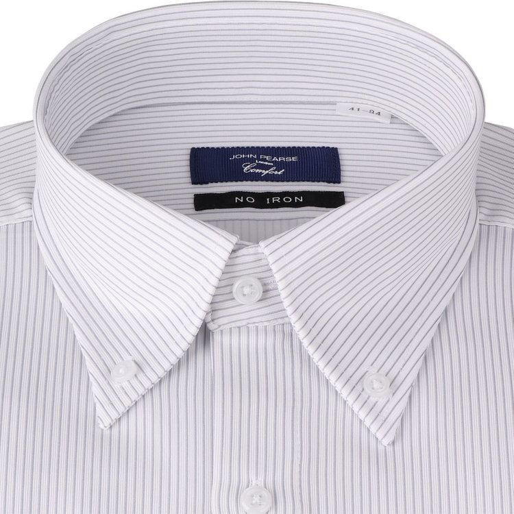ＪＰコンフォート ネイビー 【JOHN PEARSE comfort navy】【ノーアイロン】ボタンダウンドレスワイシャツ/ホワイト×グレーストライプ/ULTRA MOVE/ニット素材 白