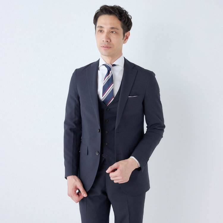 ＪＰ コンフォート 【JOHN PEARSE comfort】【春夏】2釦シングルスリーピーススーツ ショートタック/ネイビー×マイクロチェック/ULTRA MOVE/※裾上げ必要 紺中間