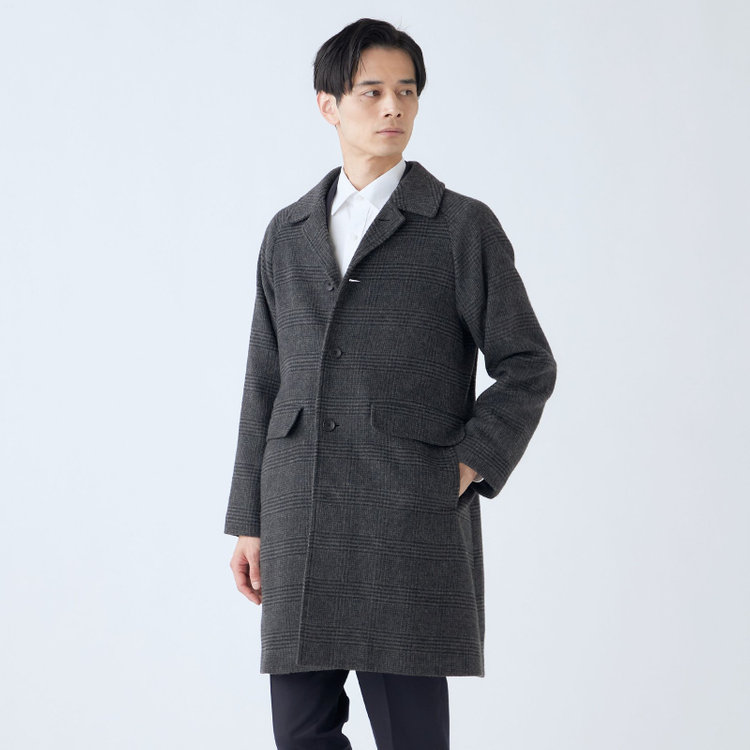 ソノタ（KONAKA用） 【KANSAIMAN collection】ウールブレンド シングルラグランバックベルトコート/グレー×チェック/RE:NEWOOL グレー中間