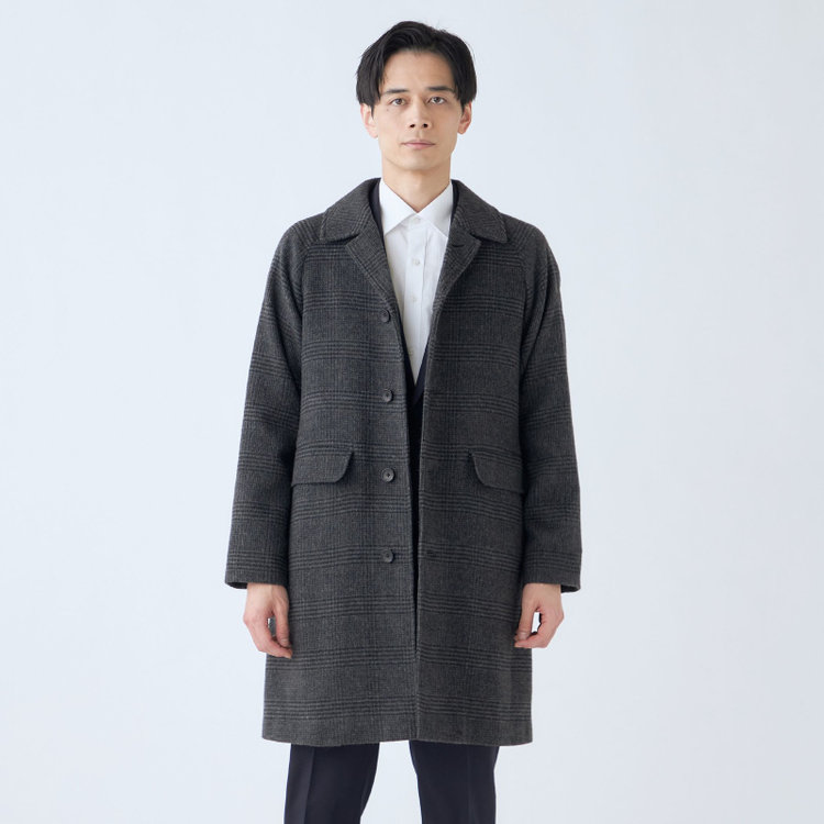 ソノタ（KONAKA用） 【KANSAIMAN collection】ウールブレンド シングルラグランバックベルトコート/グレー×チェック/RE:NEWOOL グレー中間