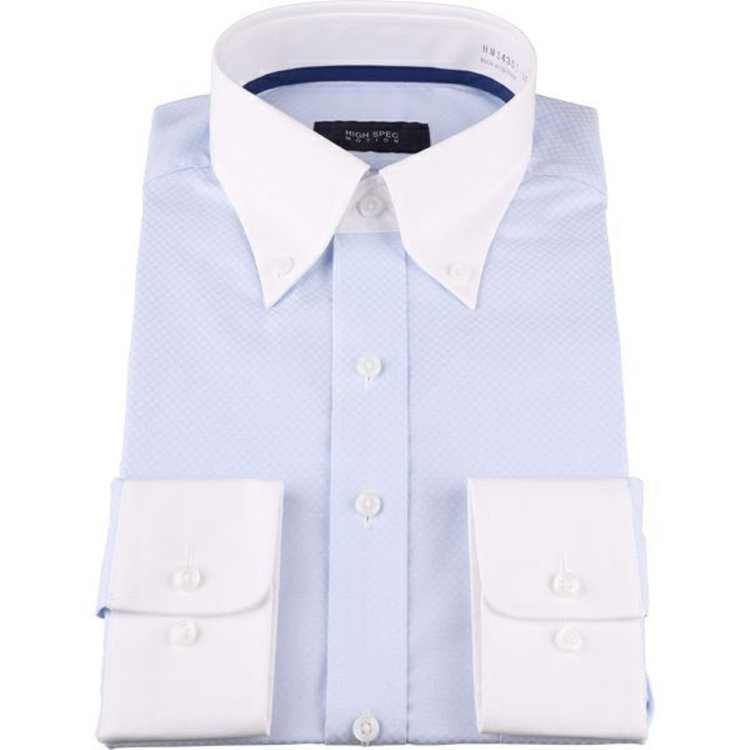 KONAKA　アウトレット 【WEB限定/OUTLET/汚れ・キズ等有】【HIGH SPEC MOTION】【形態安定】【ストレッチ】クレリックボタンダウンドレスワイシャツ/ホワイト：サックス×ドビー/LYCRA ブルー系(青)