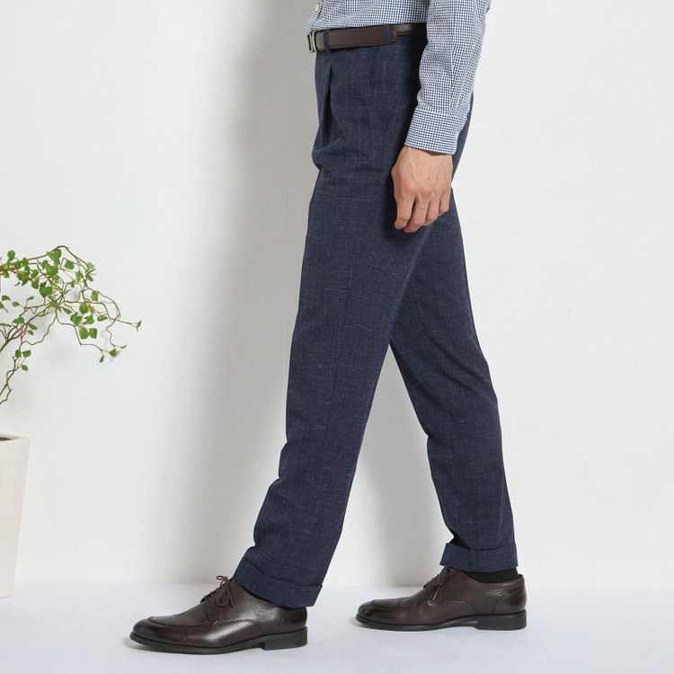 スタンリーブラッカ 【stanley blacker new york】【春夏】1タックパンツ/ネイビー×スラブ/ウエストムーブ/裾上げ必要 紺中間