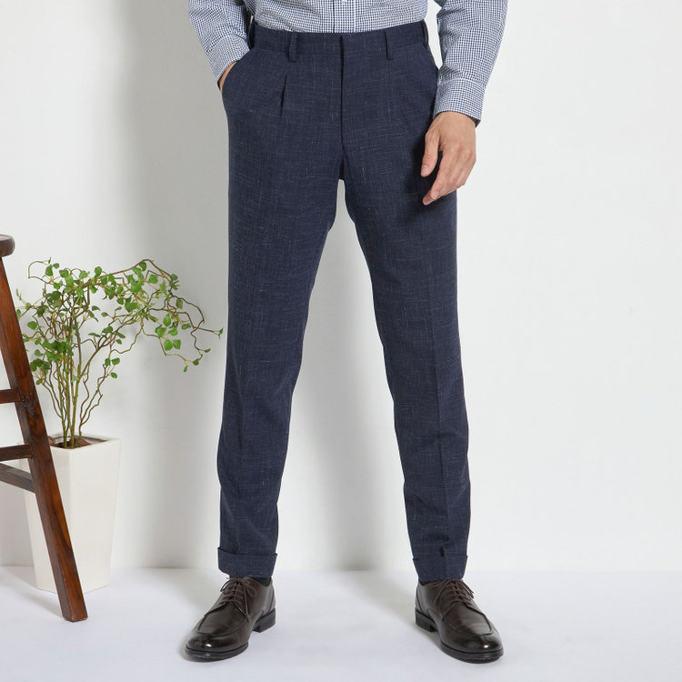 スタンリーブラッカ 【stanley blacker new york】【春夏】1タックパンツ/ネイビー×スラブ/ウエストムーブ/裾上げ必要 紺中間