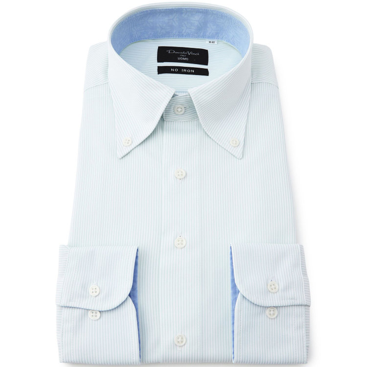 ドナートヴィンチウォモ 【FREEZETECH 氷撃：酷暑対策シャツ】【Donato Vinci Italy Uomo】【STYLISH】ボタンダウンカラーワイシャツ/ホワイト×グリーンストライプ/襟袖裏別布/ULTRA MOVE/ノーアイロン・ストレッチ・高通気性 緑淡色
