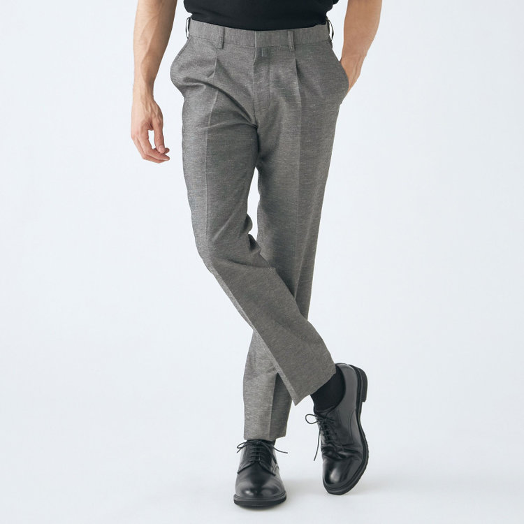 スタンリーブラッカ 【stanley blacker new york】【春夏】1タックテーパードパンツ/グレー×リネンブレンド/ウエストムーブ仕様/※裾上げ必要 グレー中間