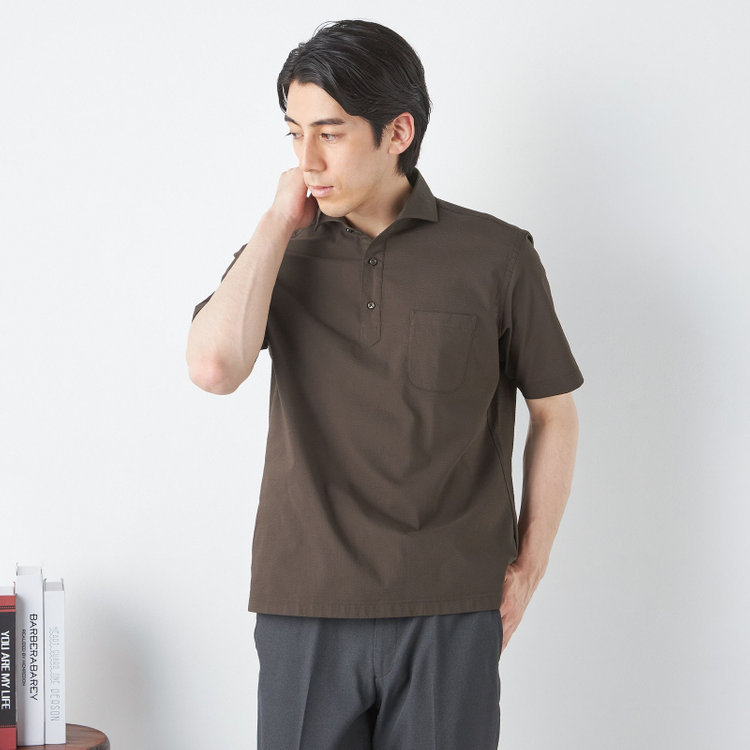 ＪＰコンフォート ネイビー 【半袖】【JOHN PEARSE comfort navy】ホリゾンタルワイドビズポロシャツ プルオーバータイプ/ブラウン×シアサッカー 茶中間