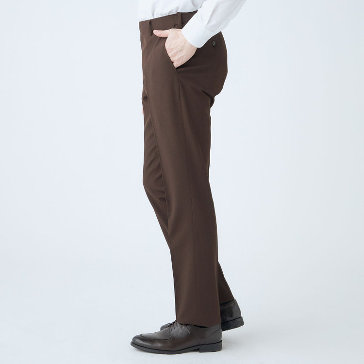 ジョンピアースブラック 【JOHN PEARSE Black SELECT LINE】【春夏】機能性ポリエステル 0タックパンツ/ブラウン/ウエストムーブ仕様/ULTRA MOVE/※裾上げ必要 茶中間