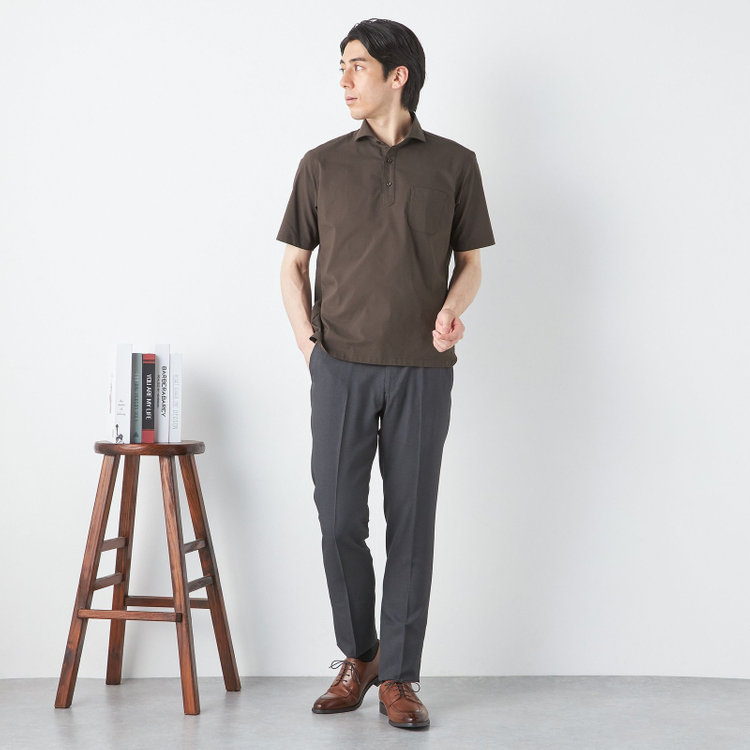 ＪＰコンフォート ネイビー 【半袖】【JOHN PEARSE comfort navy】ホリゾンタルワイドビズポロシャツ プルオーバータイプ/ブラウン×シアサッカー 茶中間