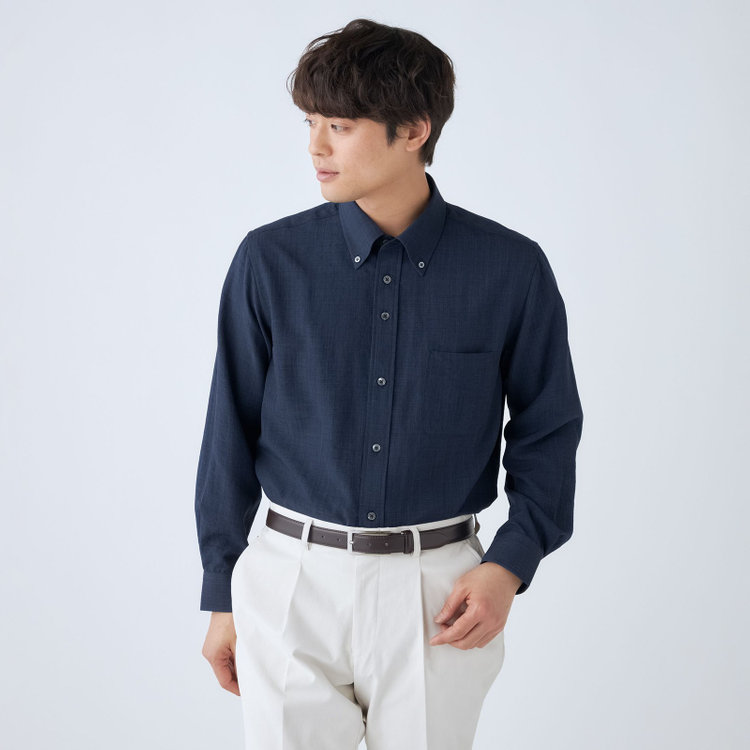 スタンリーブラッカ 【stanley blacker new york】【長袖】リネンブレンドボタンダウンシャツ/ネイビー 紺中間