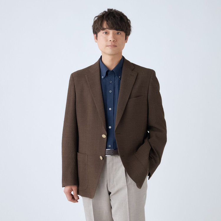 スタンリーブラッカ 【stanley blacker new york】【春夏】2釦シングルジャケット/ブラウン×サッカー/ストレッチ/ゴールド釦 茶中間
