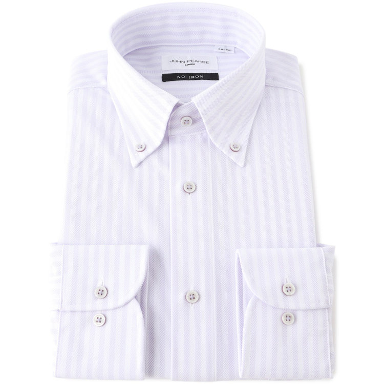 ジョンピアース 【JOHN PEARSE White】【ノーアイロン】ボタンダウンドレスワイシャツ/ホワイト＆パープル×ストライプ/釦付糸：パープル/ULTRA MOVE/ニット素材 紫中間