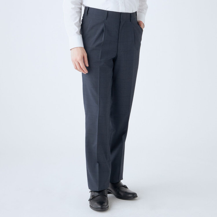 ジョンピアース 【JOHN PEARSE White】【春夏】ウールブレンド 1タックパンツ/ネイビー×チェック/ウエストムーブ仕様/ULTRA LIGHT SPEC※裾上げ必要 紺濃色