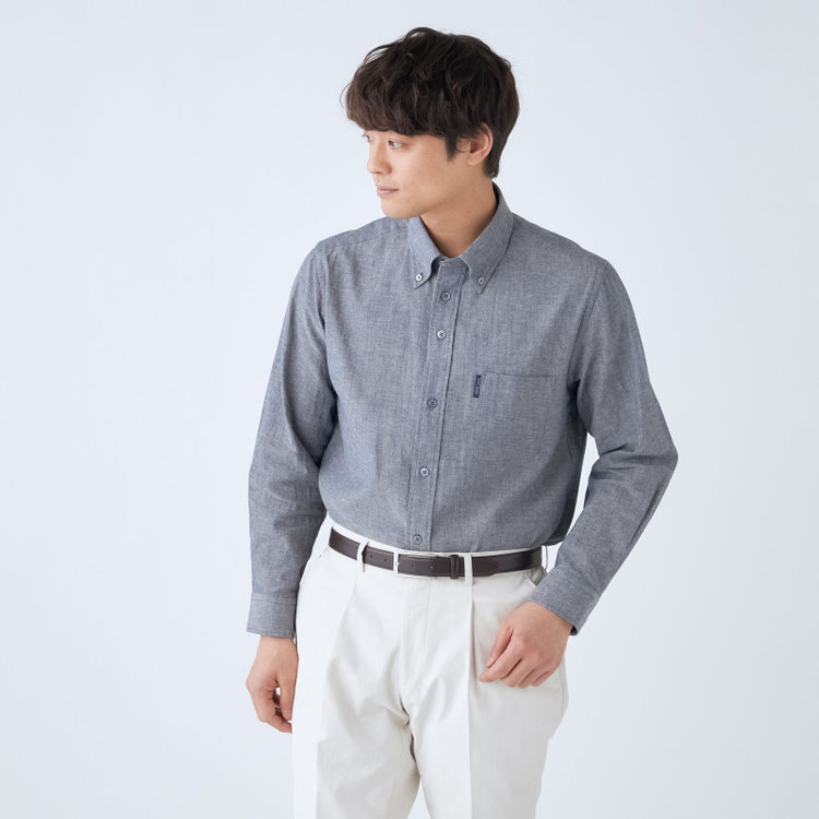 スタンリーブラッカ 【stanley blacker new york】【長袖】リネンブレンドボタンダウンシャツ/ネイビーグレー 紺淡色