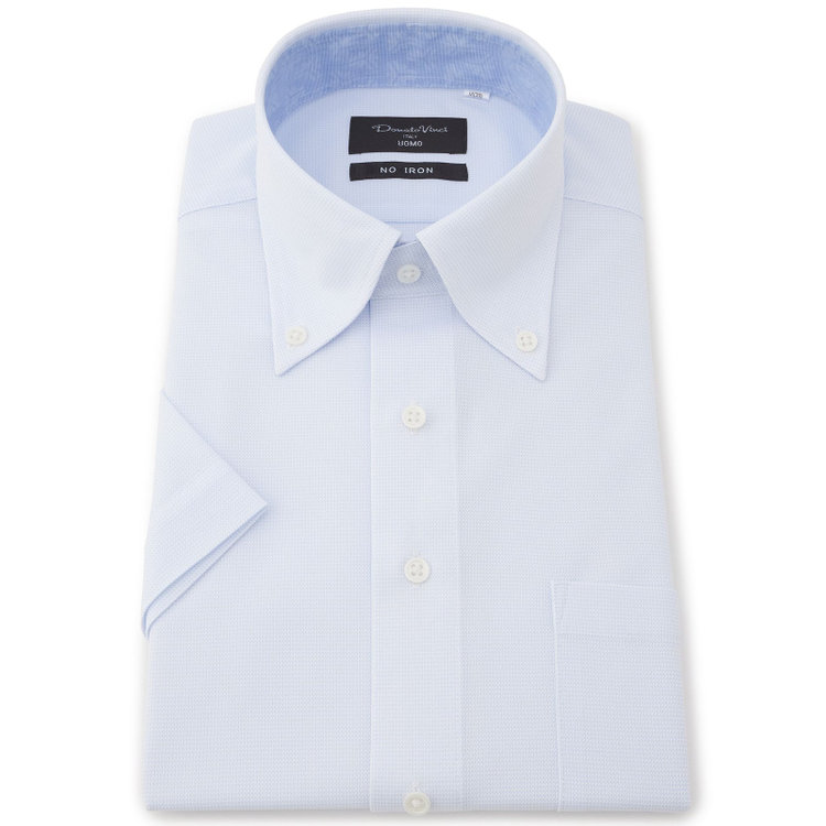 【FREEZETECH 氷撃：酷暑対策シャツ】【半袖】【Donato Vinci Italy Uomo】【ノーアイロン】ボタンダウンカラーワイシャツ/ブルー×ドビー/襟裏別布/ULTRA MOVE/ニット素材