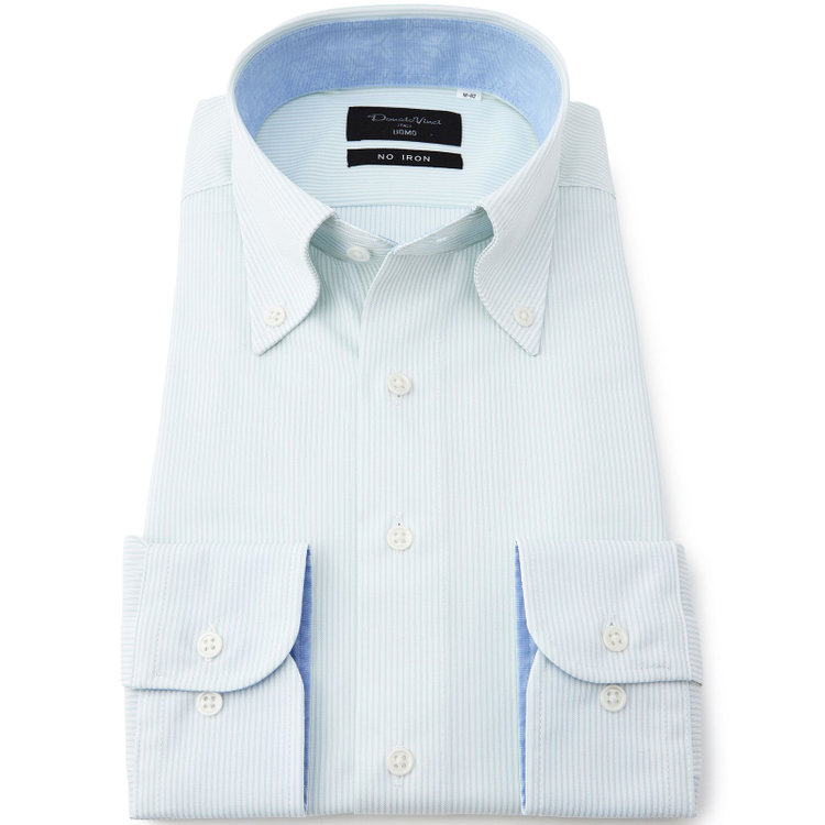 ドナートヴィンチウォモ 【FREEZETECH 氷撃：酷暑対策シャツ】【Donato Vinci Italy Uomo】【STYLISH】ボタンダウンカラーワイシャツ/ホワイト×グリーンストライプ/襟袖裏別布/ULTRA MOVE/ノーアイロン・ストレッチ・高通気性 緑淡色