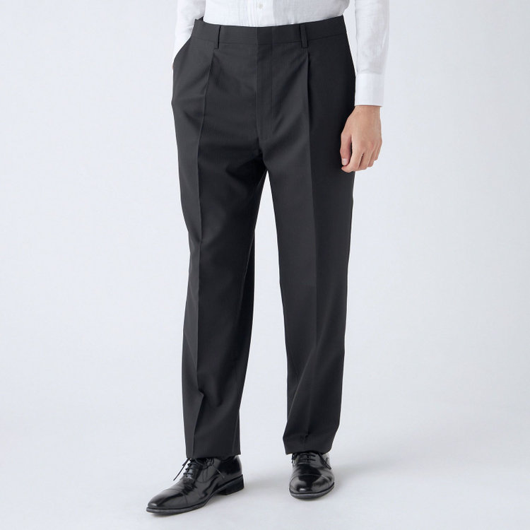 ソノタ（KONAKA用） 【L.O.X】【大きいサイズ】【秋冬】ウールブレンド 1タックパンツスラックス/ブラック×シャドーストライプ/ウエストアジャスター仕様/※裾上げ必要 黒