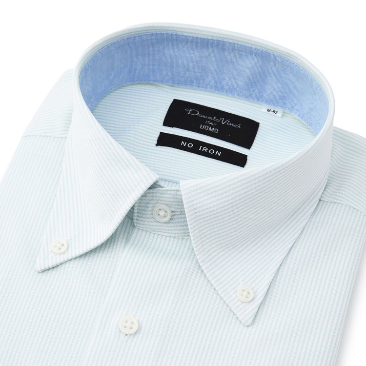 ドナートヴィンチウォモ 【FREEZETECH 氷撃：酷暑対策シャツ】【Donato Vinci Italy Uomo】【STYLISH】ボタンダウンカラーワイシャツ/ホワイト×グリーンストライプ/襟袖裏別布/ULTRA MOVE/ノーアイロン・ストレッチ・高通気性 緑淡色