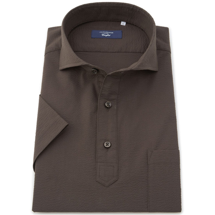 ＪＰコンフォート ネイビー 【半袖】【JOHN PEARSE comfort navy】ホリゾンタルワイドビズポロシャツ プルオーバータイプ/ブラウン×シアサッカー 茶中間