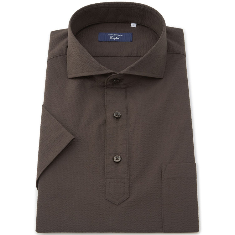 ＪＰコンフォート ネイビー 【半袖】【JOHN PEARSE comfort navy】ホリゾンタルワイドビズポロシャツ プルオーバータイプ/ブラウン×シアサッカー 茶中間
