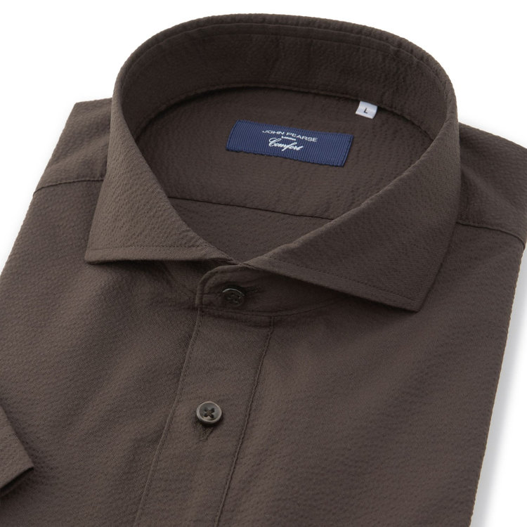ＪＰコンフォート ネイビー 【半袖】【JOHN PEARSE comfort navy】ホリゾンタルワイドビズポロシャツ プルオーバータイプ/ブラウン×シアサッカー 茶中間