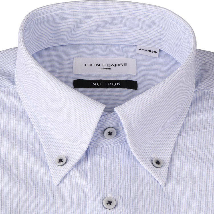 ジョンピアース 【半袖】【JOHN PEARSE White】【ノーアイロン】ボタンダウンドレスワイシャツ/ブルー×ドビー/釦付糸：ネイビー/ULTRA MOVE/ニット素材 青濃色