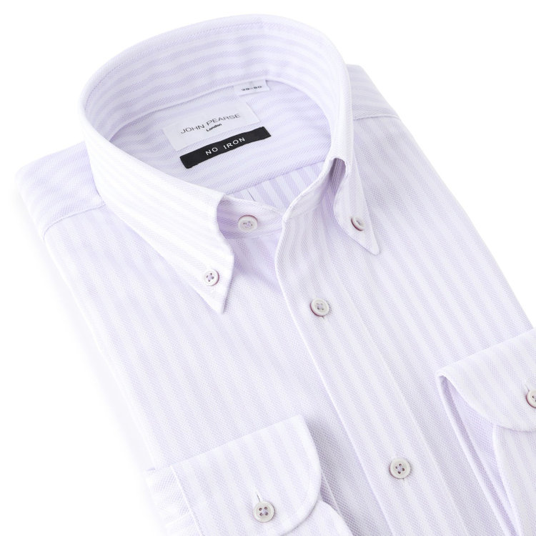 ジョンピアース 【JOHN PEARSE White】【ノーアイロン】ボタンダウンドレスワイシャツ/ホワイト＆パープル×ストライプ/釦付糸：パープル/ULTRA MOVE/ニット素材 紫中間