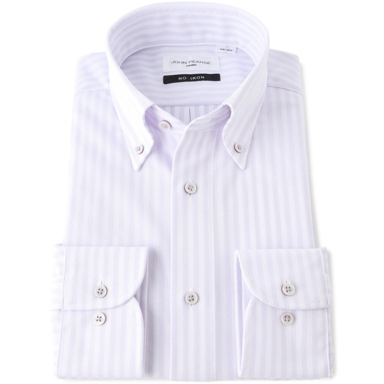 ジョンピアース 【JOHN PEARSE White】【ノーアイロン】ボタンダウンドレスワイシャツ/ホワイト＆パープル×ストライプ/釦付糸：パープル/ULTRA MOVE/ニット素材 紫中間