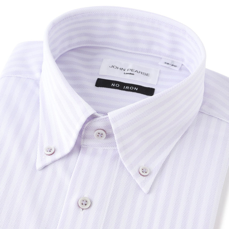 ジョンピアース 【JOHN PEARSE White】【ノーアイロン】ボタンダウンドレスワイシャツ/ホワイト＆パープル×ストライプ/釦付糸：パープル/ULTRA MOVE/ニット素材 紫中間