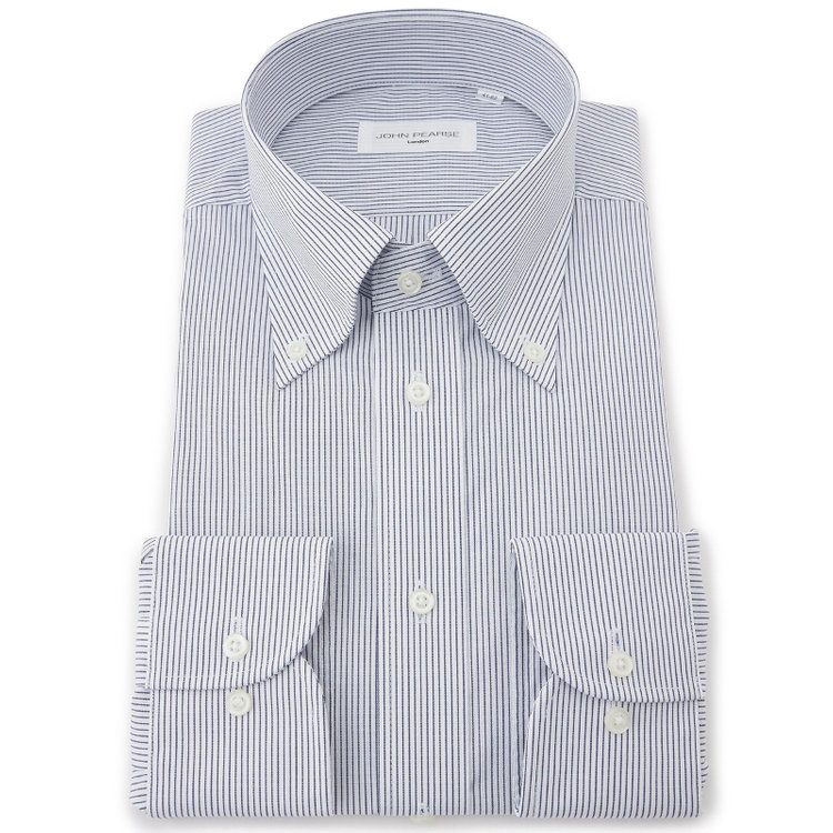 ジョンピアース 【JOHN PEARSE White】【形態安定】ボタンダウンドレスシャツ/ホワイト×ネイビーストライプ/Oil guard 紺中間