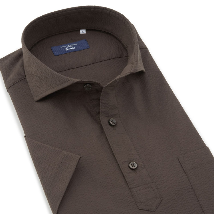 ＪＰコンフォート ネイビー 【半袖】【JOHN PEARSE comfort navy】ホリゾンタルワイドビズポロシャツ プルオーバータイプ/ブラウン×シアサッカー 茶中間
