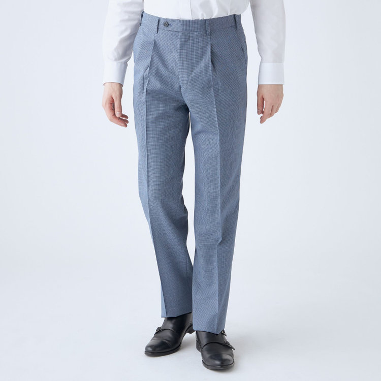 ジョンピアース 【JOHN PEARSE White】【春夏】ウールブレンド 1タックパンツ/サックス＆ネイビー×ハウンドトゥース/ウエストムーブ仕様/※裾上げ必要 青中間