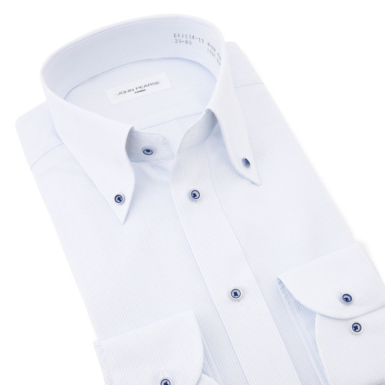 ジョンピアース 【JOHN PEARSE White】【形態安定】ボタンダウンドレスシャツ/ホワイト×サックスストライプ/ネイビー釦/ULTRA BREATH COOL 青淡色