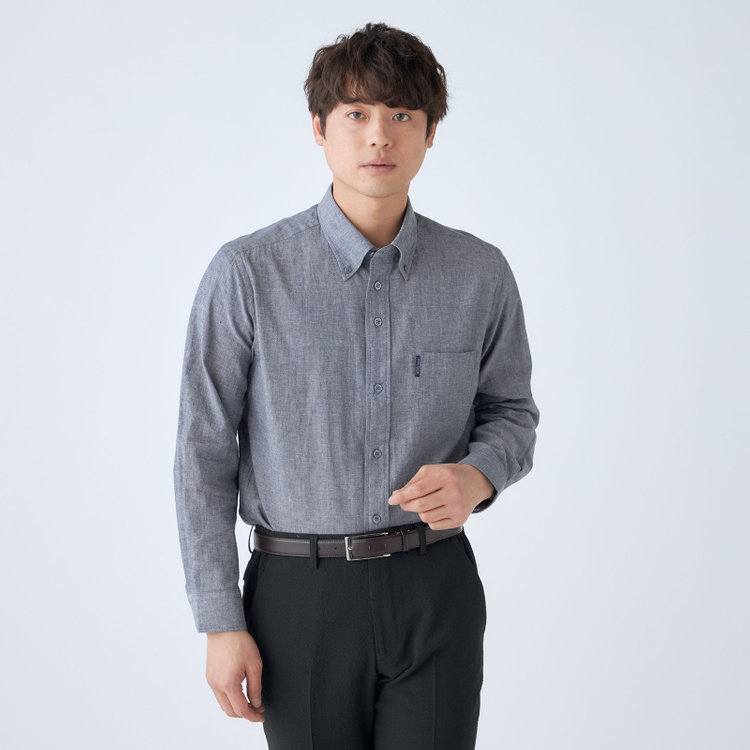 スタンリーブラッカ 【stanley blacker new york】【長袖】リネンブレンドボタンダウンシャツ/ネイビーグレー 紺淡色